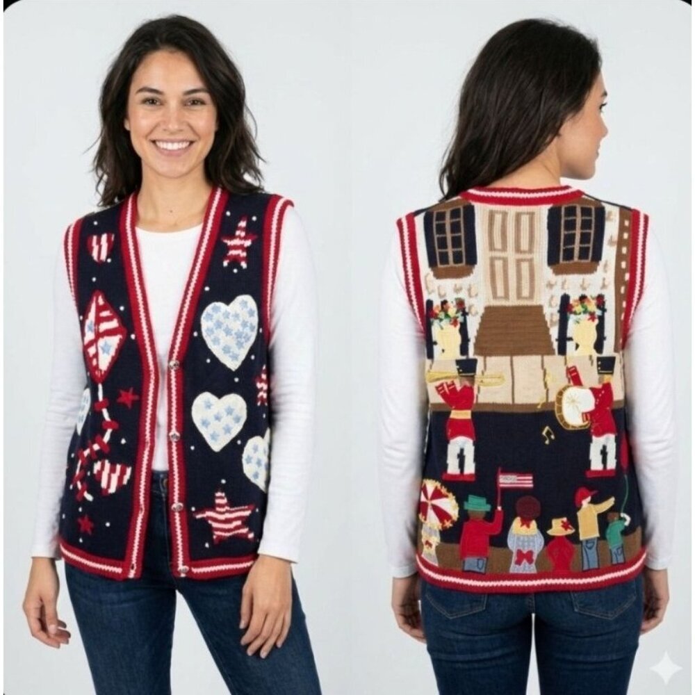 Vintage '96 Eagles Eye‎ Collectibles Patriotic Parade Knit Vest Medium Navy Red